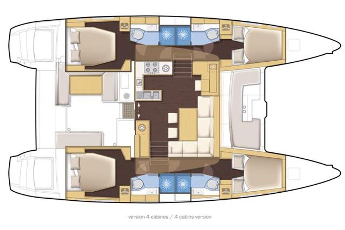 Floor plan of Ocean Mares, a Lagoon 450 Fly catamaran at Sant Antoni de Portmany, Spain