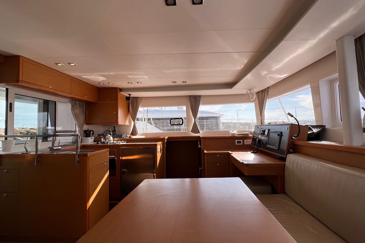 Salon of Ocean Mares, a Lagoon 450 Fly catamaran at Sant Antoni de Portmany, Spain