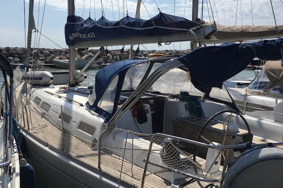 Exterior view of Surprise, a Dufour 425 sailboat at Piombino, Italy