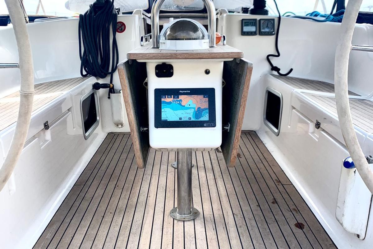 Cockpit of Surprise, a Dufour 425 sailboat at Piombino, Italy