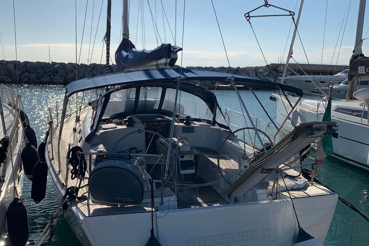 Exterior view of Surprise, a Dufour 425 sailboat at Piombino, Italy