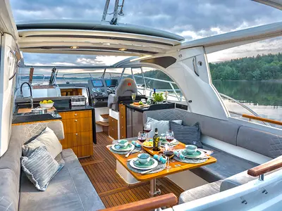 Salon of True North, a Marex 360 Cabriolet Cruiser yacht at Grad Šibenik, Croatia