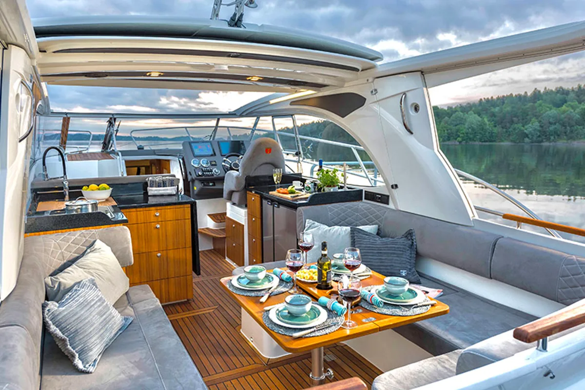 Salon of True North, a Marex 360 Cabriolet Cruiser yacht at Grad Šibenik, Croatia