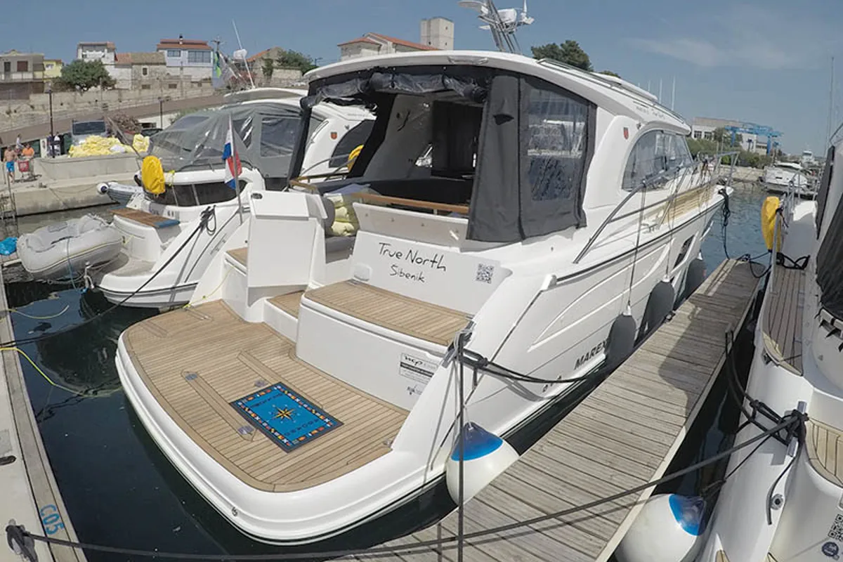 Exterior view of True North, a Marex 360 Cabriolet Cruiser yacht at Grad Šibenik, Croatia