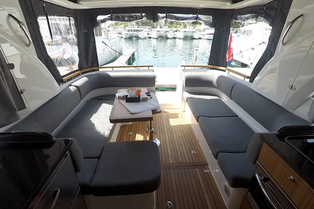 Salon of True North, a Marex 360 Cabriolet Cruiser yacht at Grad Šibenik, Croatia