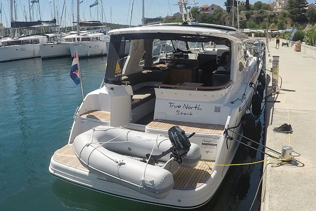 Exterior view of True North, a Marex 360 Cabriolet Cruiser yacht at Grad Šibenik, Croatia