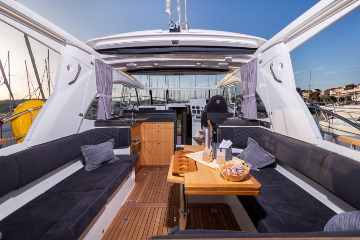 Deck of True North, a Marex 360 Cabriolet Cruiser yacht at Grad Šibenik, Croatia