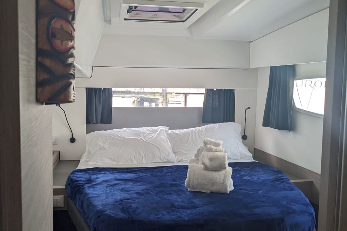 Cabin on Wayfinder, a Fountaine Pajot Astrea 42 Maestro catamaran at Central Abaco, Bahamas