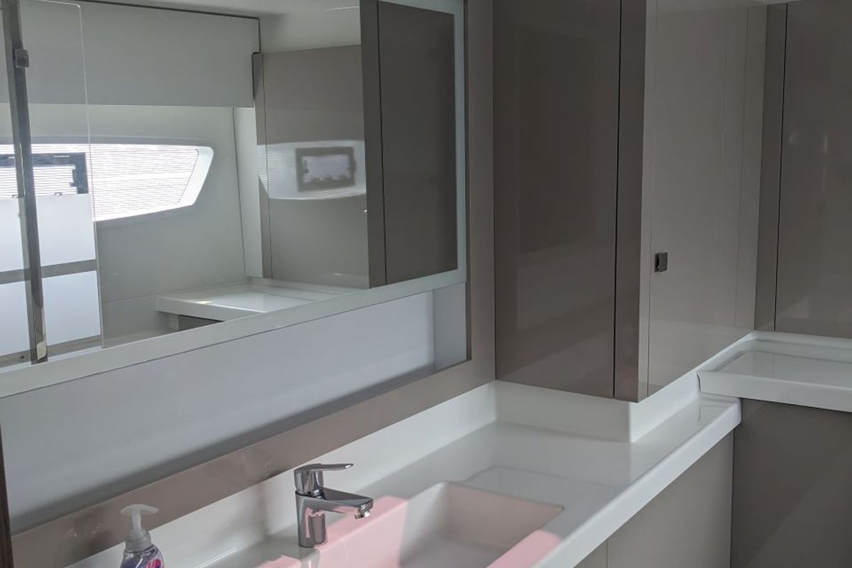 Head on Wayfinder, a Fountaine Pajot Astrea 42 Maestro catamaran at Central Abaco, Bahamas