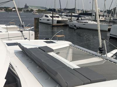 Deck of Wayfinder, a Fountaine Pajot Astrea 42 Maestro catamaran at Central Abaco, Bahamas