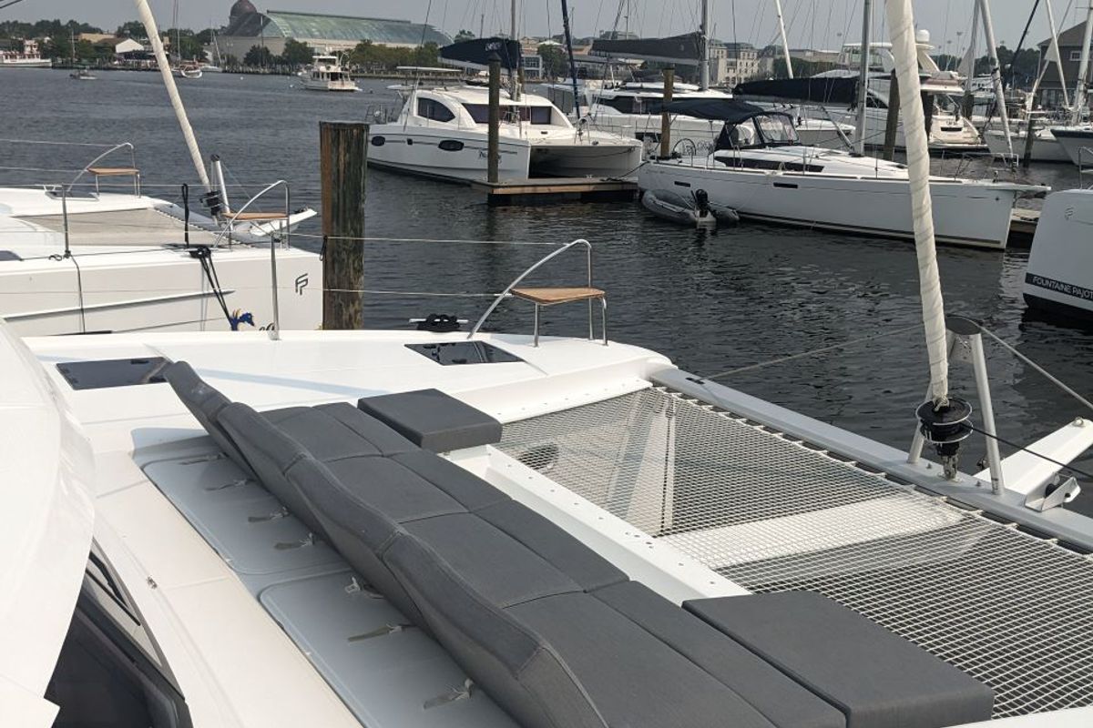Deck of Wayfinder, a Fountaine Pajot Astrea 42 Maestro catamaran at Central Abaco, Bahamas