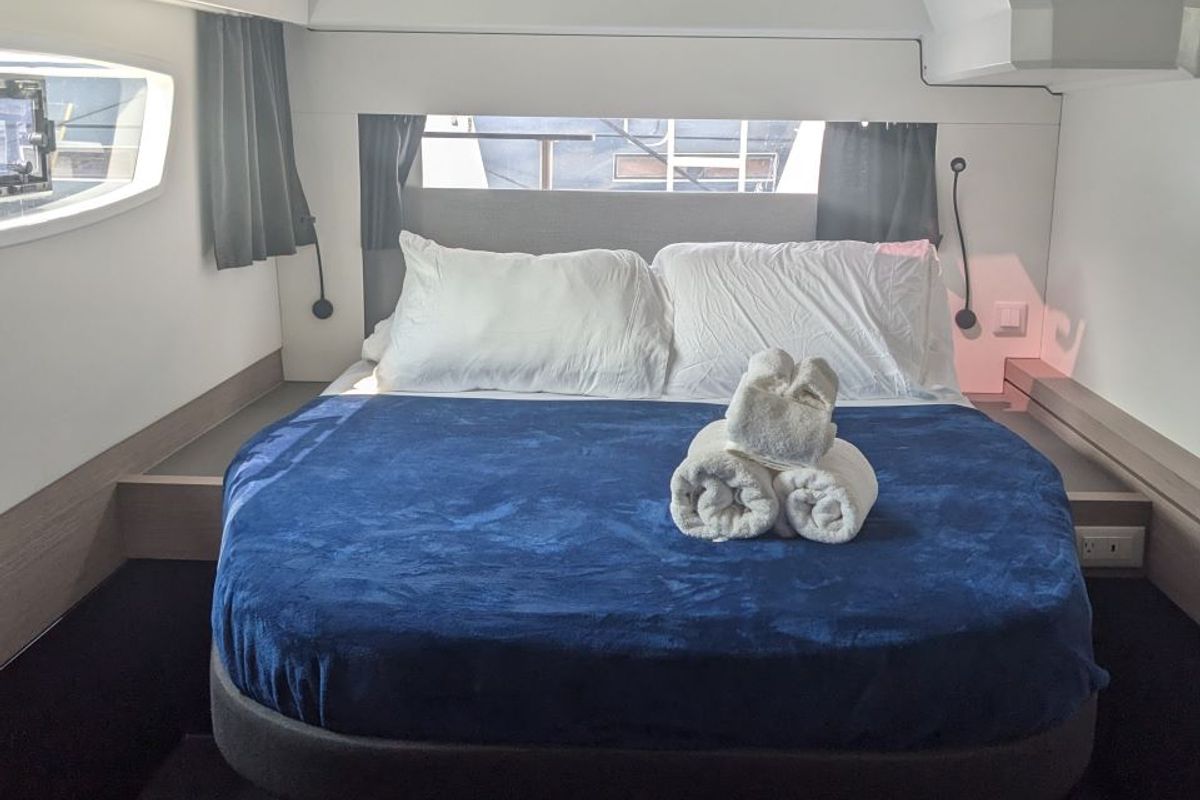 Cabin on Wayfinder, a Fountaine Pajot Astrea 42 Maestro catamaran at Central Abaco, Bahamas