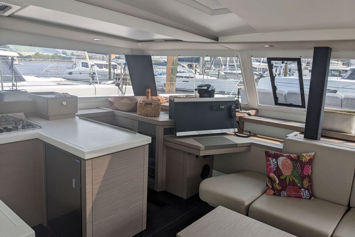 Galley of Wayfinder, a Fountaine Pajot Astrea 42 Maestro catamaran at Central Abaco, Bahamas