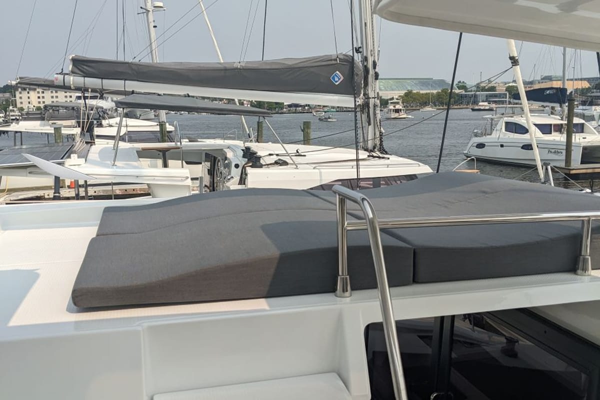 Deck of Wayfinder, a Fountaine Pajot Astrea 42 Maestro catamaran at Central Abaco, Bahamas