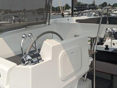 Cockpit of Wayfinder, a Fountaine Pajot Astrea 42 Maestro catamaran at Central Abaco, Bahamas
