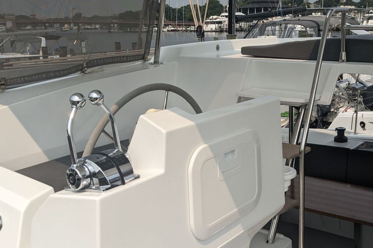 Cockpit of Wayfinder, a Fountaine Pajot Astrea 42 Maestro catamaran at Central Abaco, Bahamas