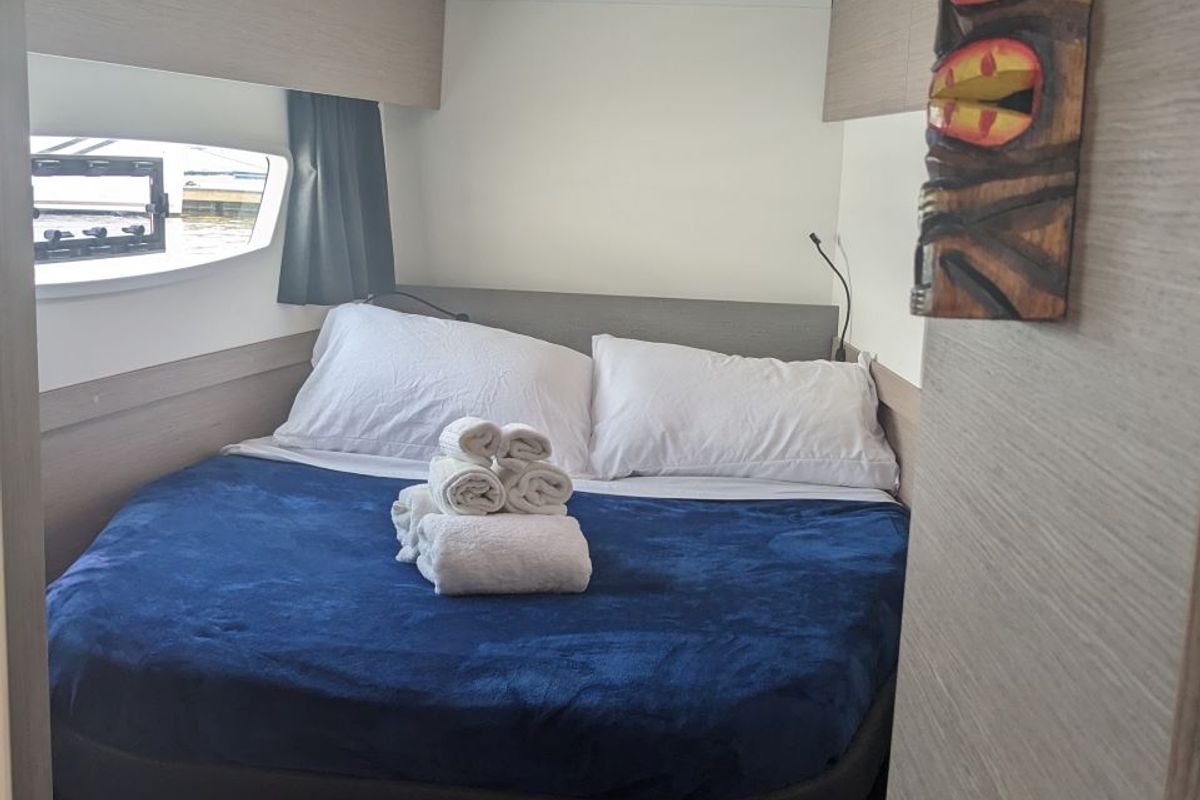 Cabin on Wayfinder, a Fountaine Pajot Astrea 42 Maestro catamaran at Central Abaco, Bahamas
