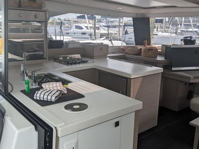 Galley of Wayfinder, a Fountaine Pajot Astrea 42 Maestro catamaran at Central Abaco, Bahamas