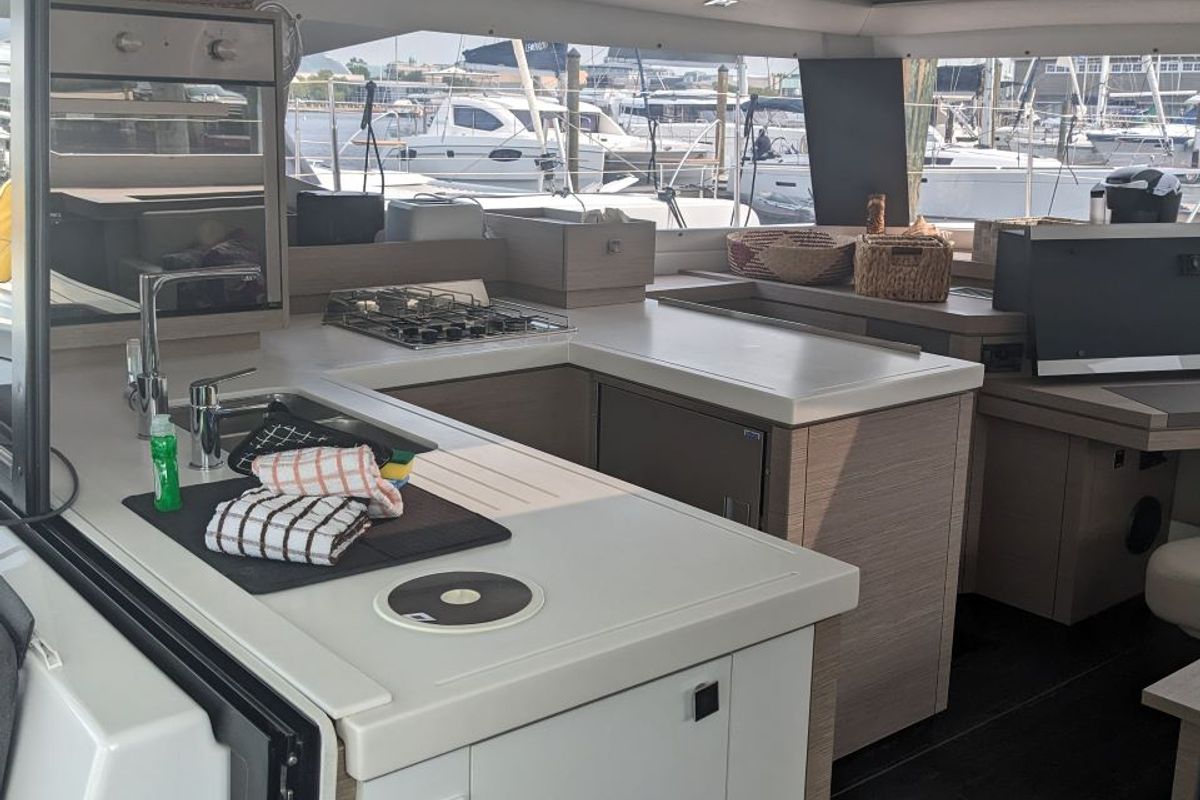 Galley of Wayfinder, a Fountaine Pajot Astrea 42 Maestro catamaran at Central Abaco, Bahamas