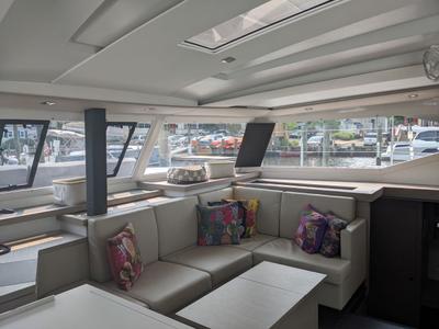 Salon of Wayfinder, a Fountaine Pajot Astrea 42 Maestro catamaran at Central Abaco, Bahamas
