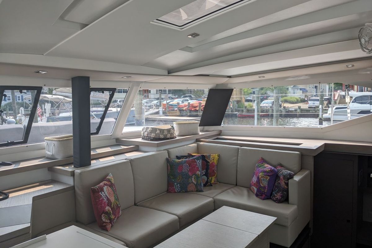 Salon of Wayfinder, a Fountaine Pajot Astrea 42 Maestro catamaran at Central Abaco, Bahamas
