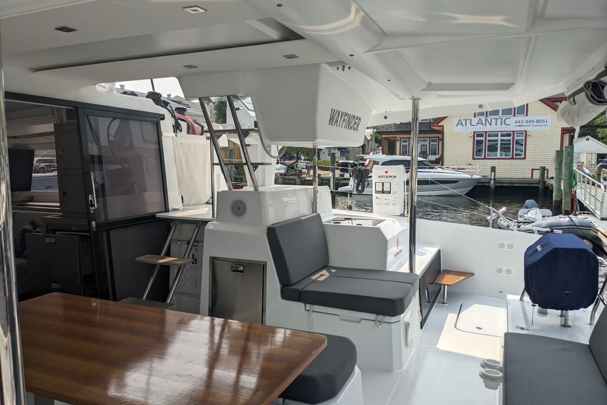 Deck of Wayfinder, a Fountaine Pajot Astrea 42 Maestro catamaran at Central Abaco, Bahamas
