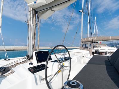 Cockpit of Sonia, a Lagoon 46 catamaran at Castellammare del Golfo, Italy