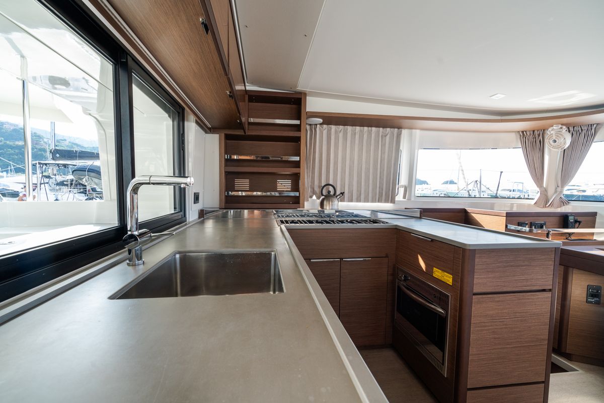 Galley of Sonia, a Lagoon 46 catamaran at Castellammare del Golfo, Italy
