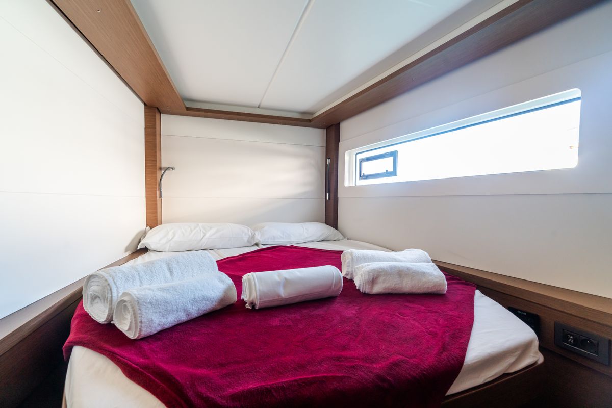 Cabin on Sonia, a Lagoon 46 catamaran at Castellammare del Golfo, Italy