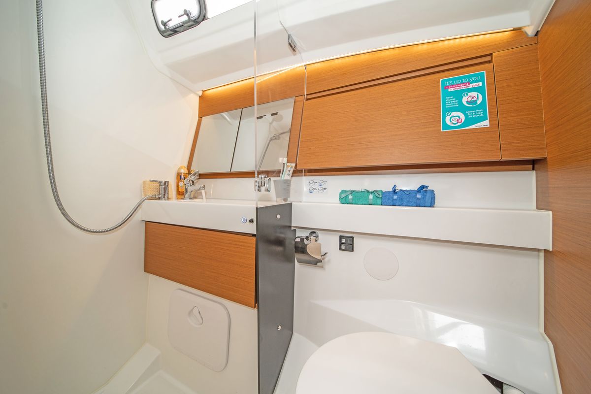 Head on Naias, a Jeanneau Sun Odyssey 410 sailboat at Gouvia, Greece