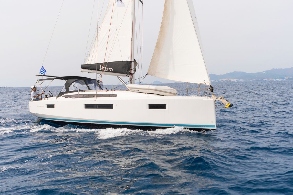 Exterior view of Naias, a Jeanneau Sun Odyssey 410 sailboat at Gouvia, Greece