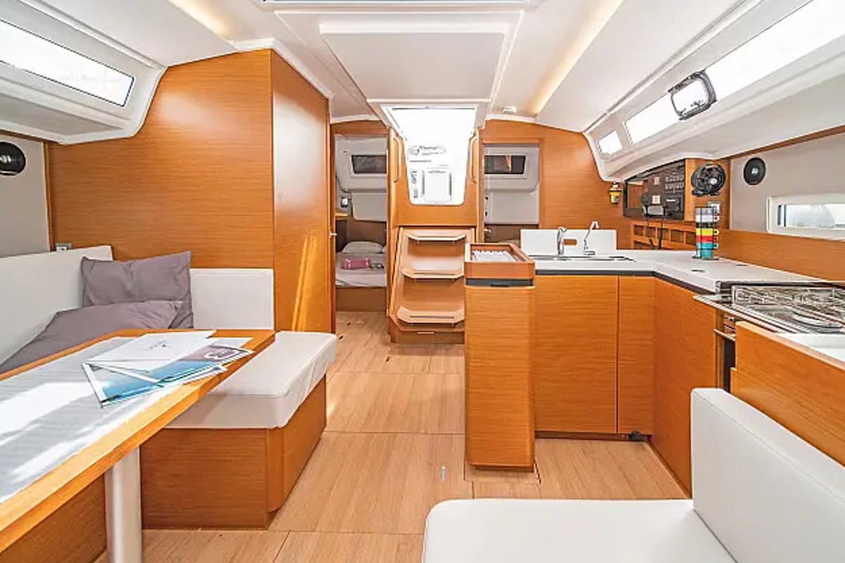 Salon of Naias, a Jeanneau Sun Odyssey 410 sailboat at Gouvia, Greece