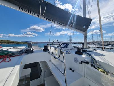 Cockpit of Lalouche, a Lagoon 450 F catamaran at Lavreotiki Municipal Unit, Greece