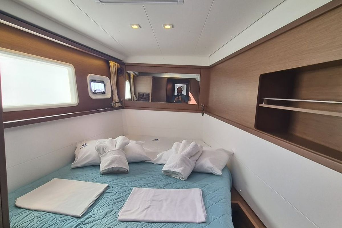 Cabin on Lalouche, a Lagoon 450 F catamaran at Lavreotiki Municipal Unit, Greece