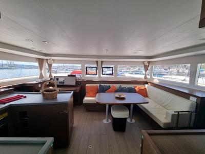 Salon of Lalouche, a Lagoon 450 F catamaran at Lavreotiki Municipal Unit, Greece