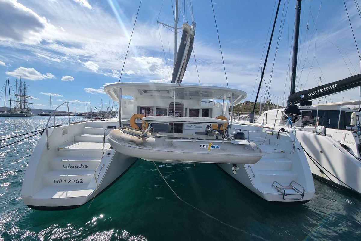 Exterior view of Lalouche, a Lagoon 450 F catamaran at Lavreotiki Municipal Unit, Greece