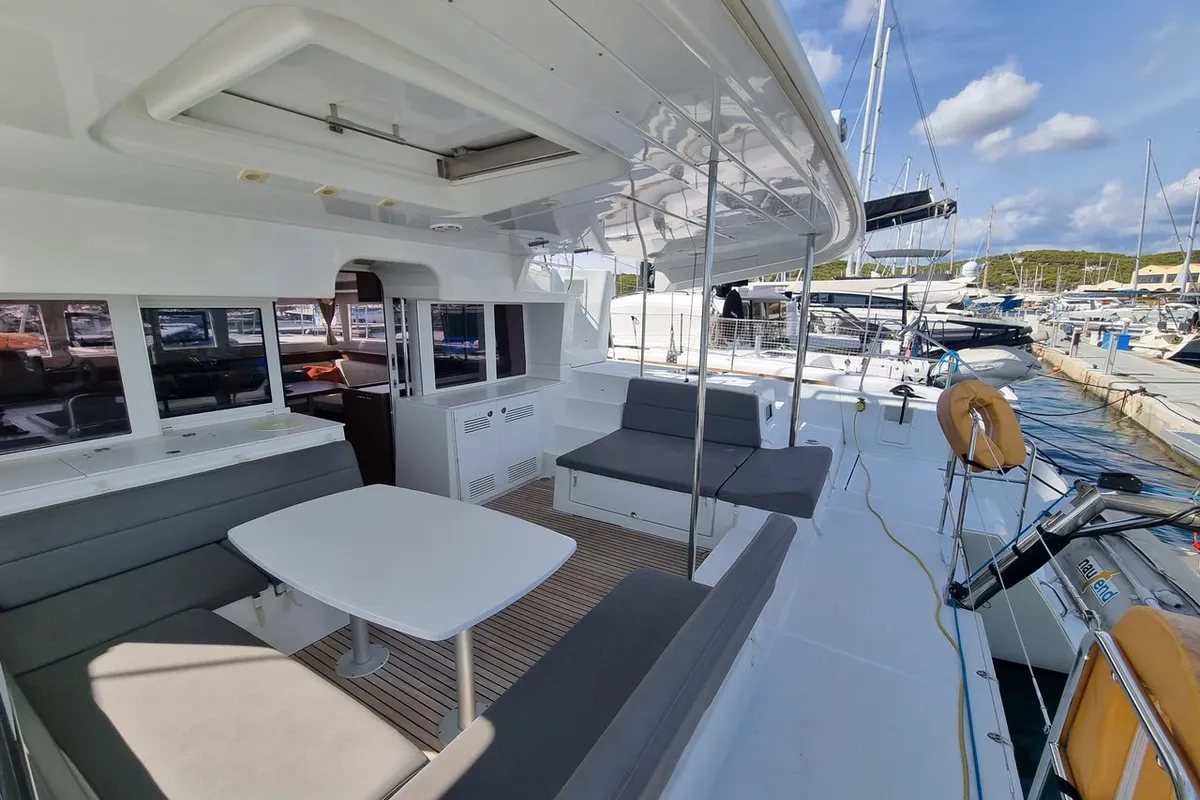 Deck of Lalouche, a Lagoon 450 F catamaran at Lavreotiki Municipal Unit, Greece