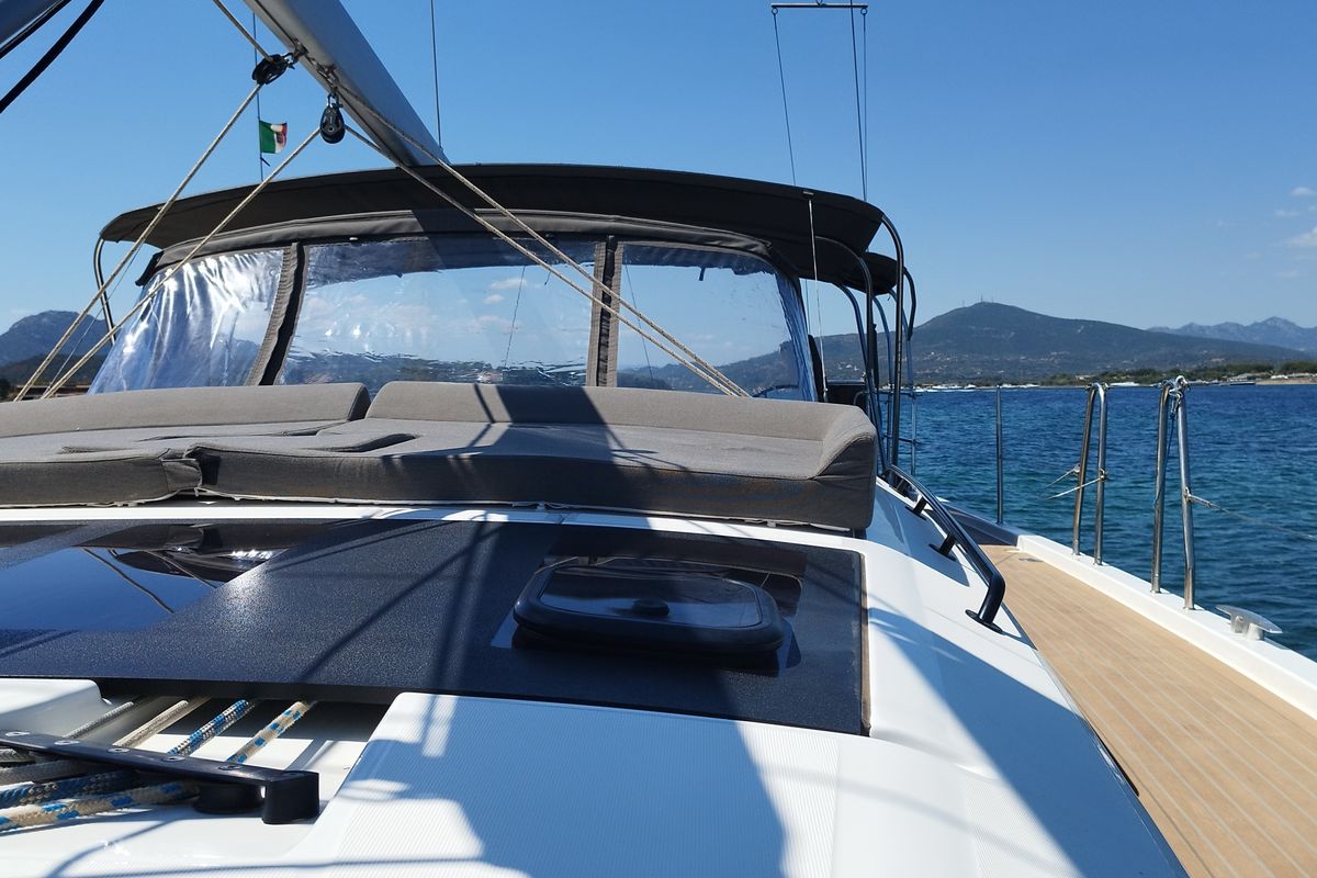 Deck of Weasley, a Dufour 470 sailboat at Olbia, Italy
