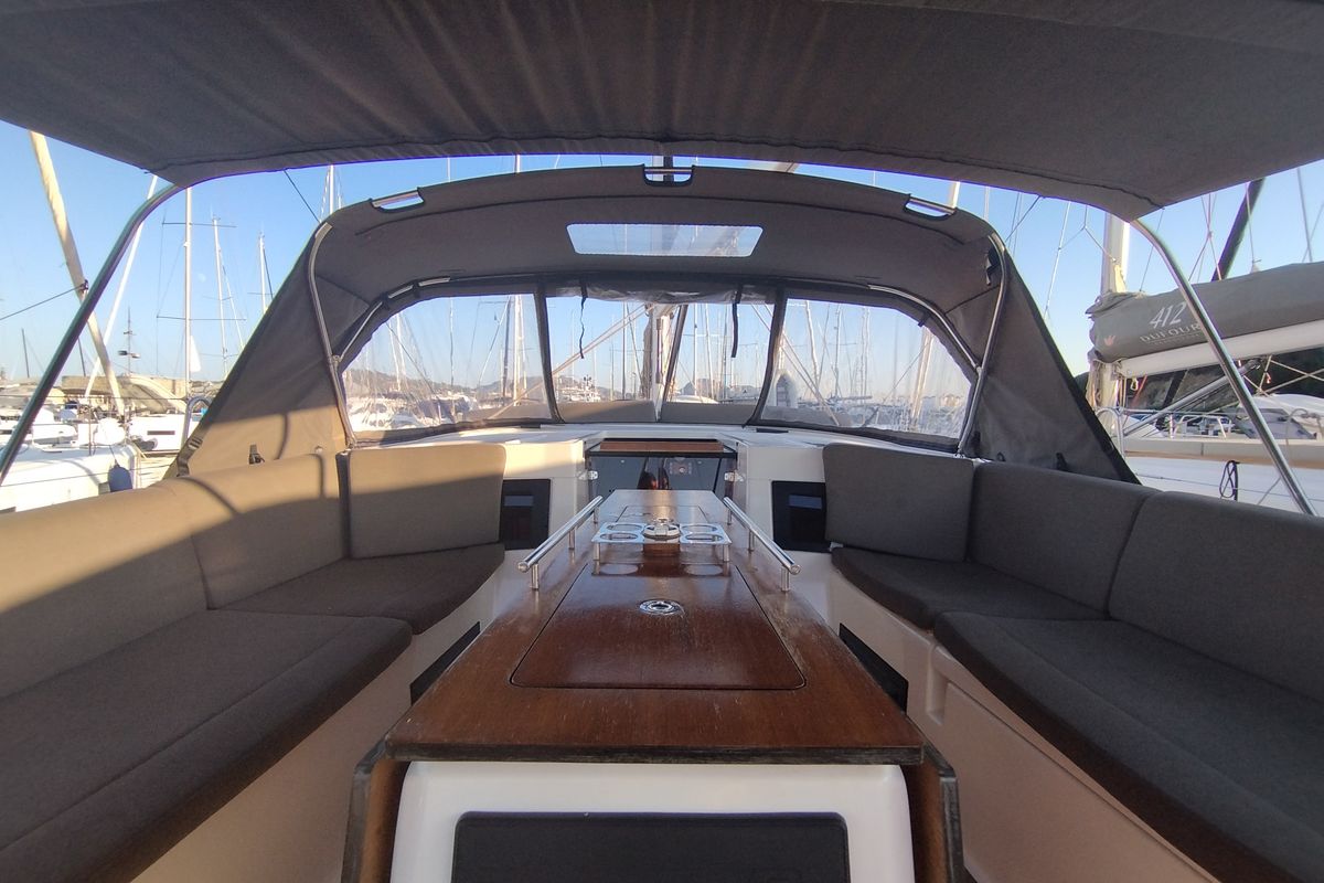 Cockpit of Weasley, a Dufour 470 sailboat at Olbia, Italy