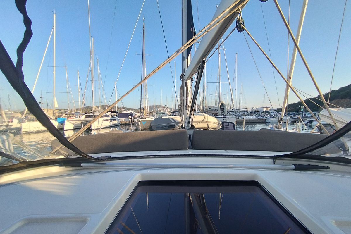 Cockpit of Weasley, a Dufour 470 sailboat at Olbia, Italy