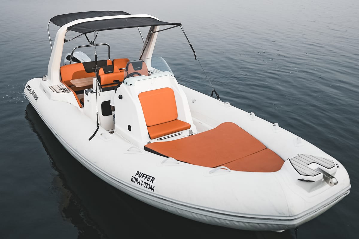 Exterior view of Moorings 464PC/10 Club, a Zodiac Medline 7.5 motorboat at Panaji, India