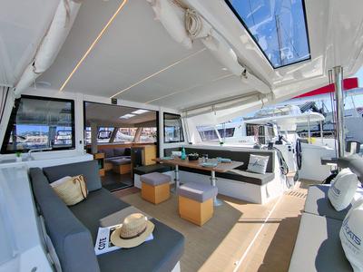Deck of Aseba, a Nautitech 46 Open catamaran at Cogolin, France