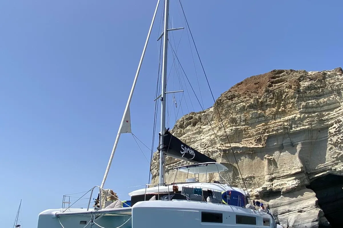 Exterior view of Spring, a Lagoon 51 catamaran at Athens, Greece