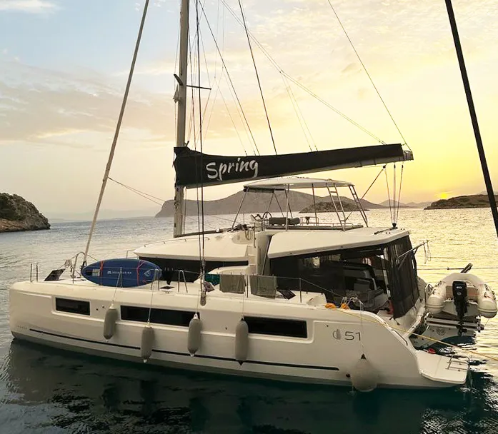 Exterior view of Spring, a Lagoon 51 catamaran at Athens, Greece