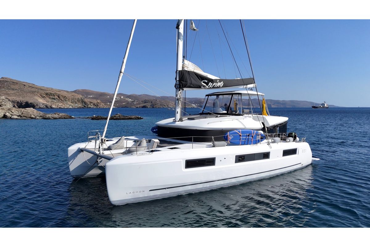 Exterior view of Spring, a Lagoon 51 catamaran at Athens, Greece