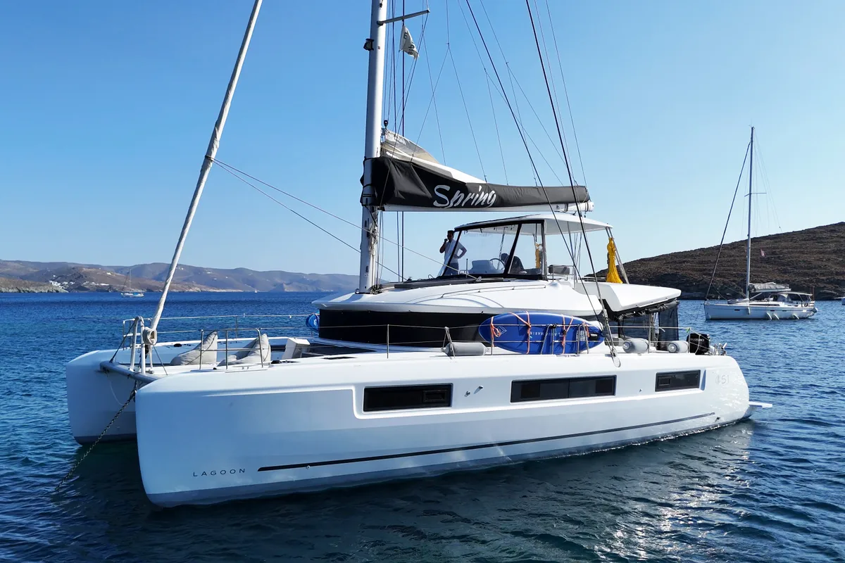 Exterior view of Spring, a Lagoon 51 catamaran at Athens, Greece