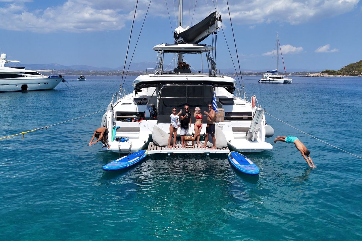 Exterior view of Spring, a Lagoon 51 catamaran at Athens, Greece