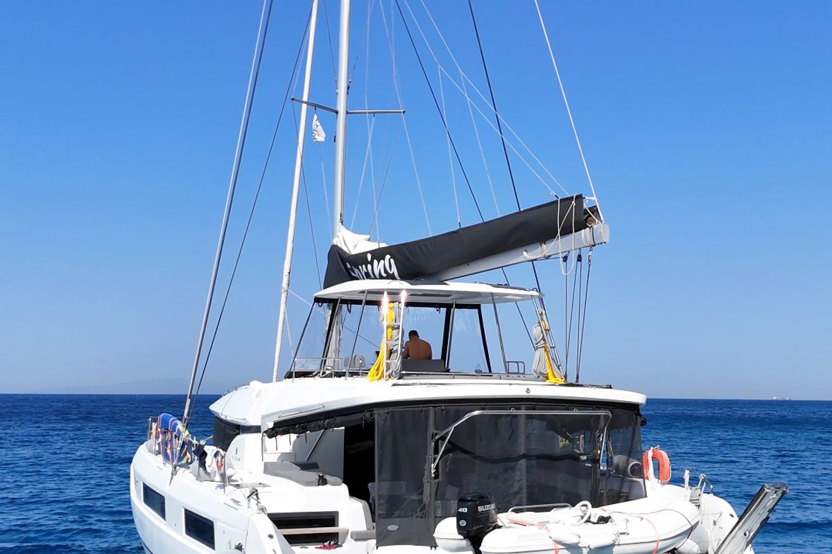 Exterior view of Spring, a Lagoon 51 catamaran at Athens, Greece