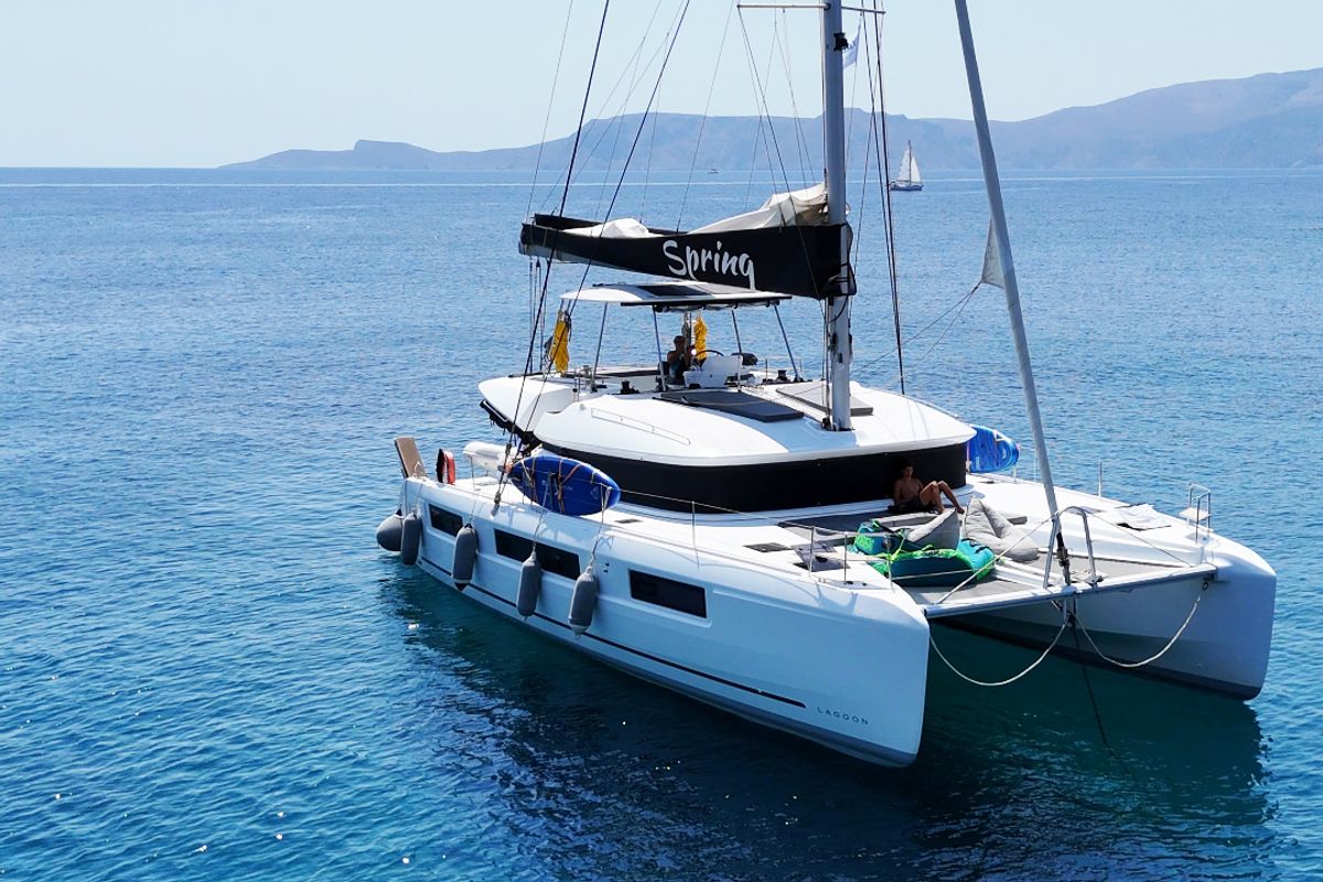 Exterior view of Spring, a Lagoon 51 catamaran at Athens, Greece