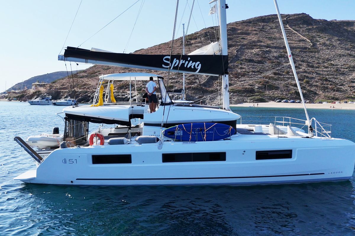 Exterior view of Spring, a Lagoon 51 catamaran at Athens, Greece